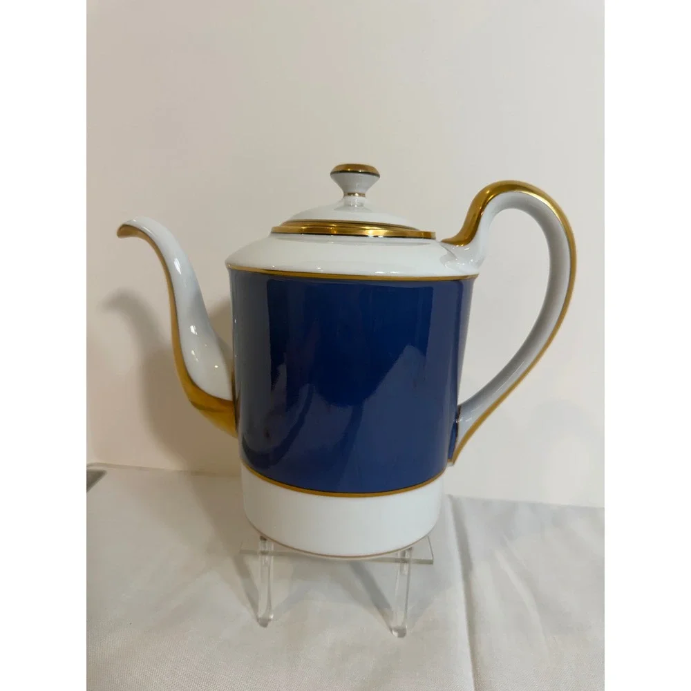 Fitz and Floyd Renaissance Blue Gold Trim Coffee Pot Porcelain Japan 1978 VTG